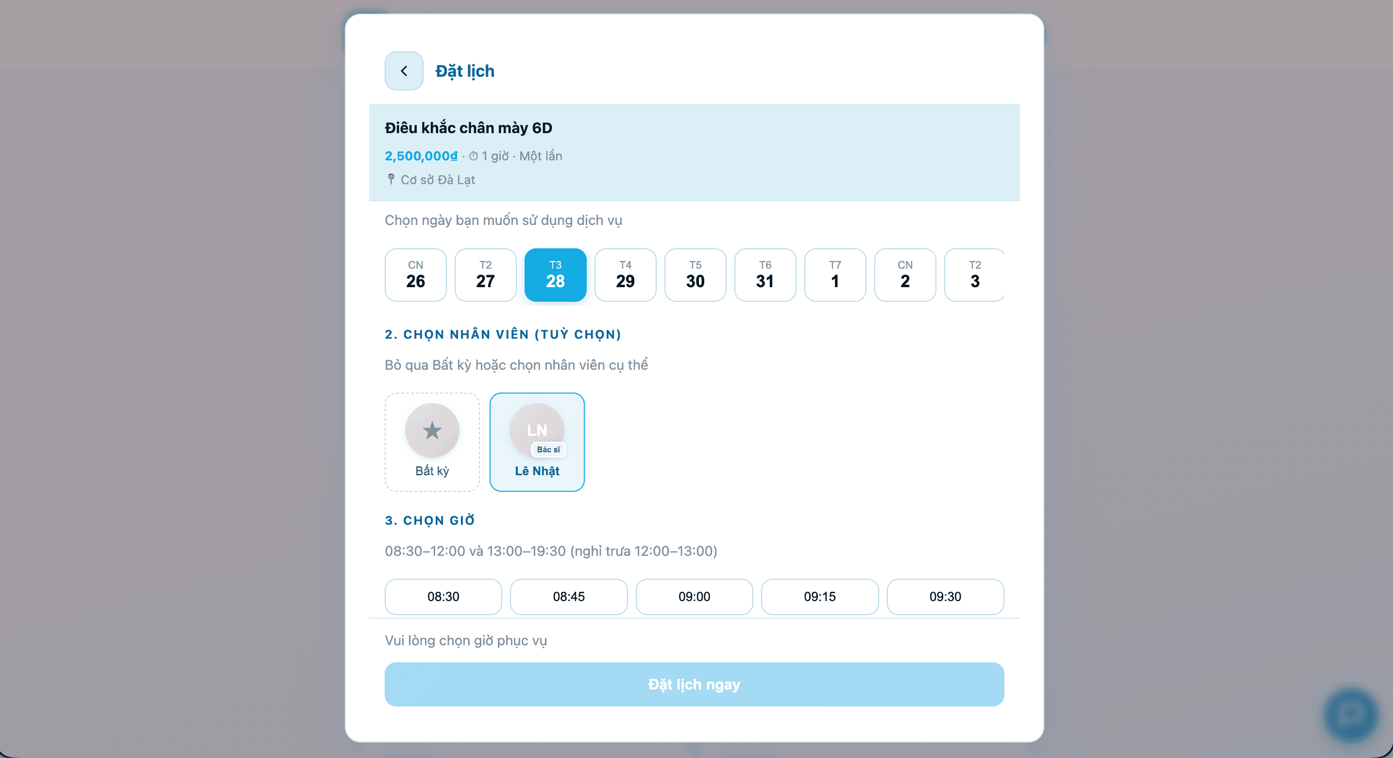 Widget đặt lịch Lumia hiển thị thông tin dịch vụ, chọn ngày, chọn nhân viên và khung giờ trống